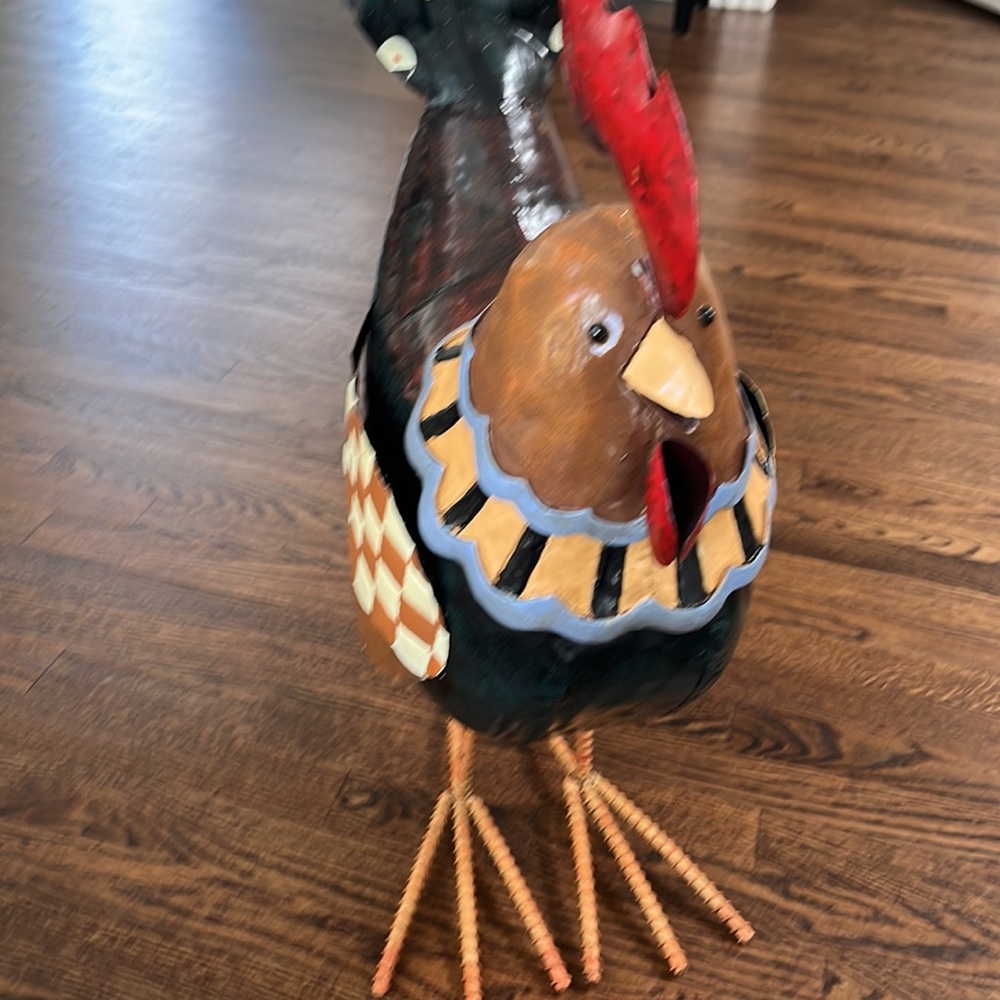 Decor- OVERSIZED metal rooster. Measures approximately 25”Hx 21” W x 8” deep.
